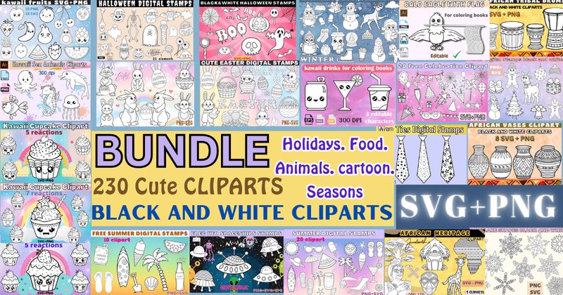 Cute Black and White Cliparts SVG & PNG Bundle (by Lelix Art)