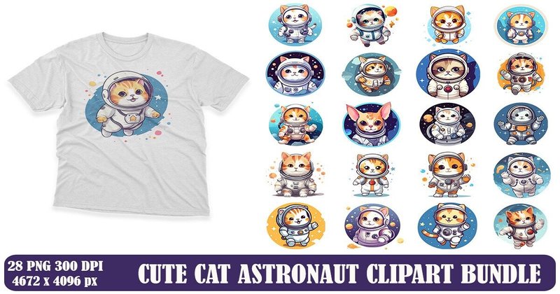 Cute Cat Astronaut Clipart Design Bundle (by Mulew)