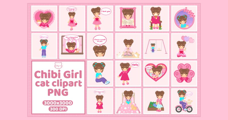 Cute Chibi Girl Cat Clipart PNG Bundle (by Fordacutie Goodies)