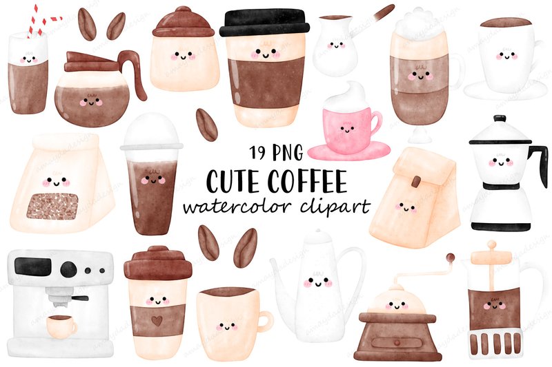 Cute Coffee, Coffee Shop Watercolor Set (by Saltyarts)