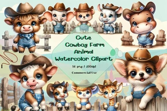 Cute Cowboy Farm Animal Clipart (by Design By Naree)