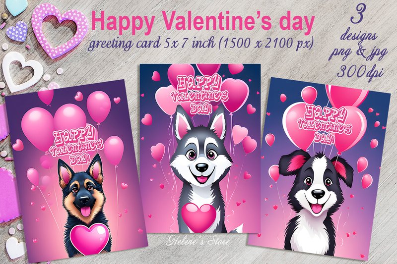Cute Dog and Balloon on Valentines Cards (by Helene's store)