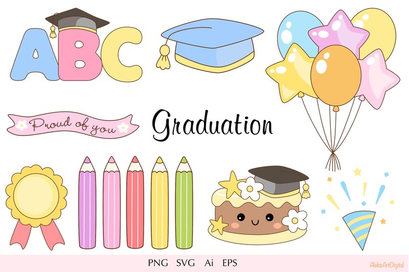 Cute Graduation Clipart - Kawaii School (by AleksArtDigital)