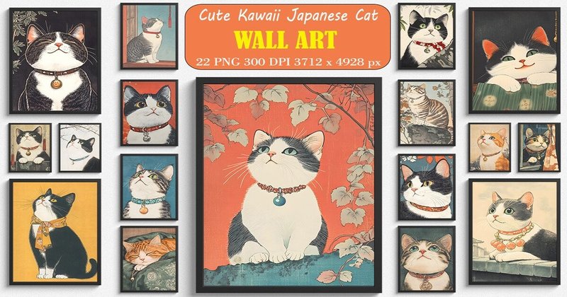 Cute Kawaii Cat Japanese Style Wall Art Bundle (by Ricco Art)