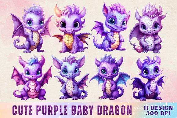 Cute Purple Baby Dragon Clipart Bundle (by misba design)