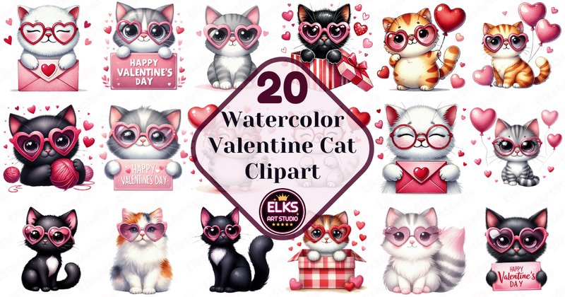 Cute Valentine Cat Clipart Bundle (by ElksArtStudio)