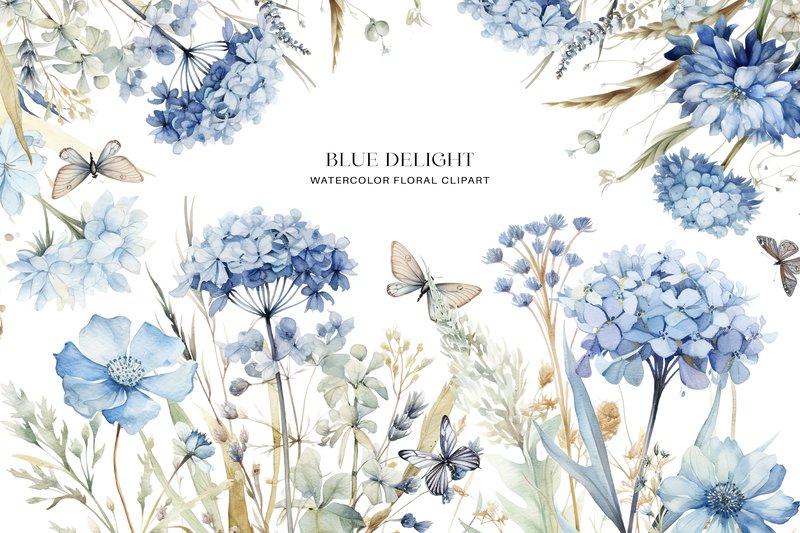 Dusty Blue Floral Clipart Watercolor (by Patishop Art)