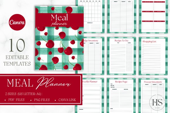 Editable Cherry Plaid CANVA Meal Planner (by Heyv Studio)