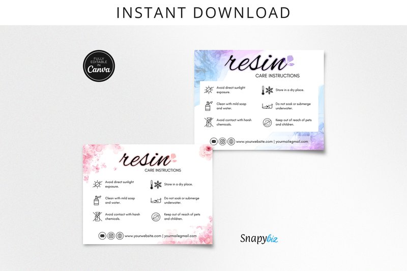 Editable Resin Care Instructions Cards (by SnapyBiz)