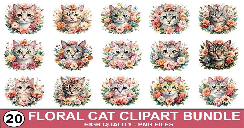 Floral Cat Clipart Bundle (by SVG Print design)