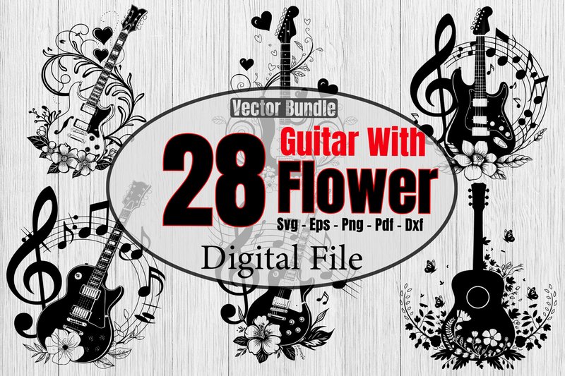 Floral Guitar Svg Bundle,Music Notes Svg (by @ripongrafix471)