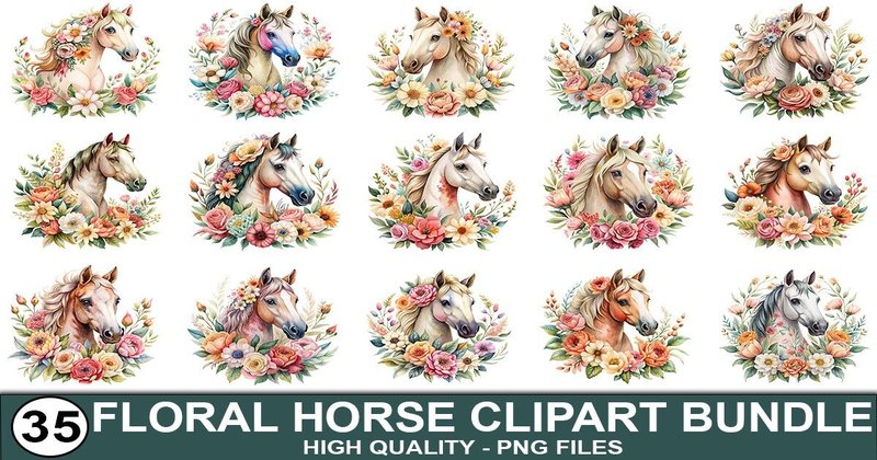 Floral Horses Clipart Sublimation Bundle (by SVG Print design)