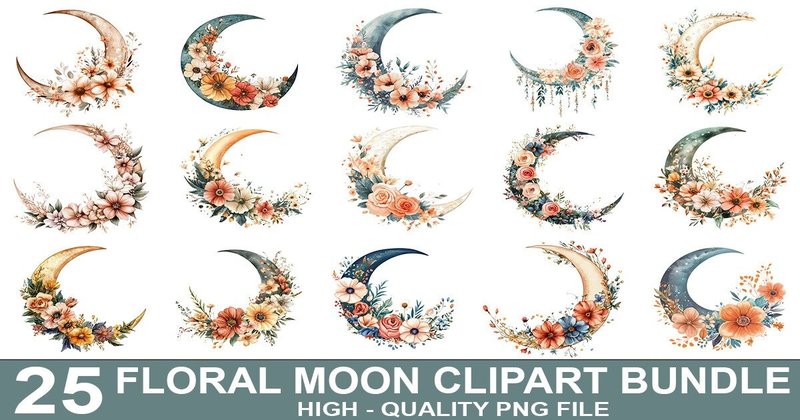 Floral Moon Clipart Design Bundle (by crative8112)