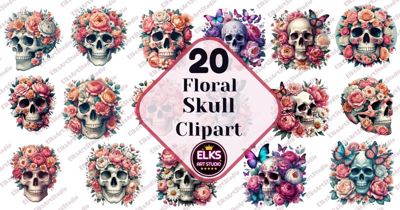 Floral Skull Clipart Sublimation PNG Bundle (by ElksArtStudio)