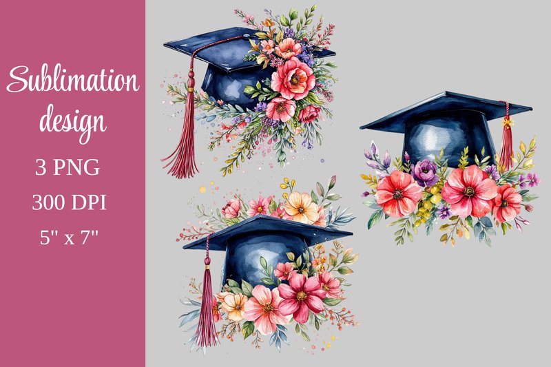 Floral Watercolor Graduation Cap 3 PNG (by AlishaSDBoutique)