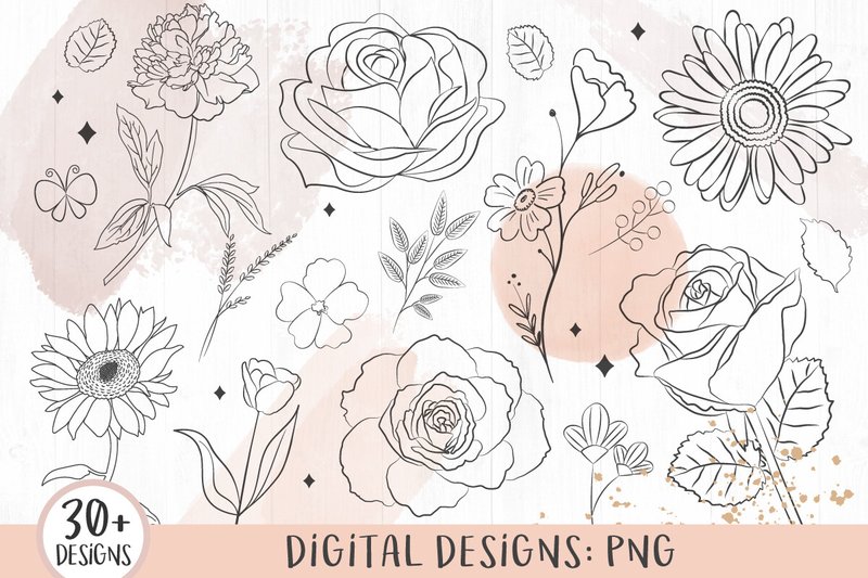 Flower Line Art, Floral Clipart (by Twingenuity Graphics)