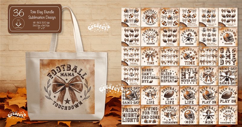 Football Tote Bag Sublimation PNG Bundle (by Createya Design)