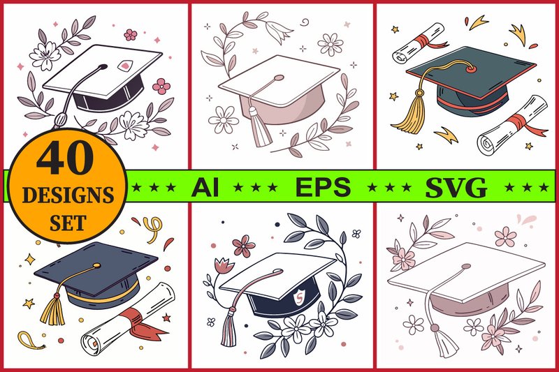 Graduation Cap Vector Clipart Set (by rangita store)