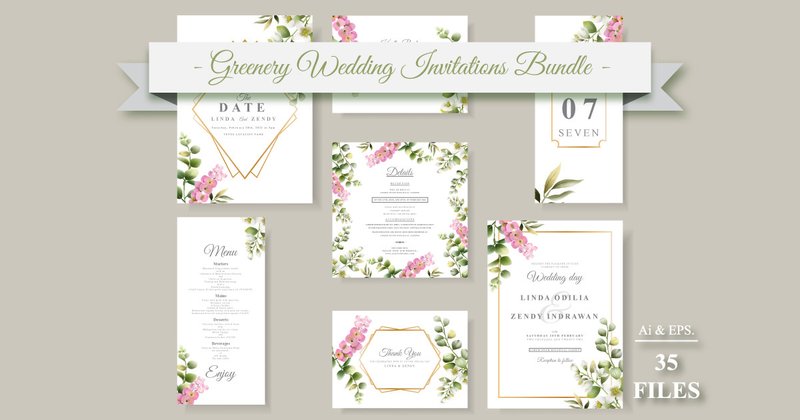 Greenery Wedding Invitations Bundle (by Agnetart)