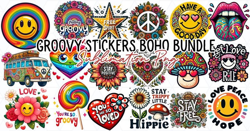 Groovy Stickers Boho Sublimation Clipart Bundle (by Little Lady Design)