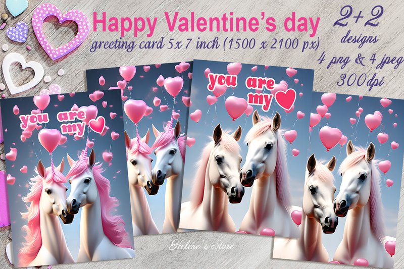 Horses and Unicom Valentines Cards Set (by Helene's store)