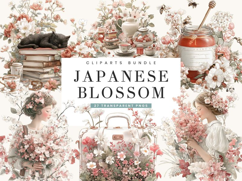 Japanese Blossom Floral Clipart (by busydaydesign)