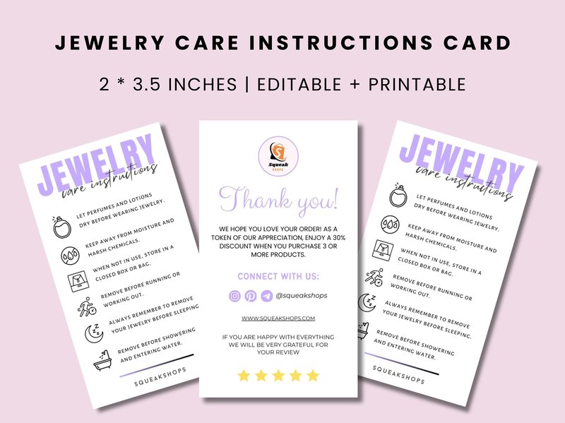 Jewelry Care Instructions Card Template (by Squeak Shops)