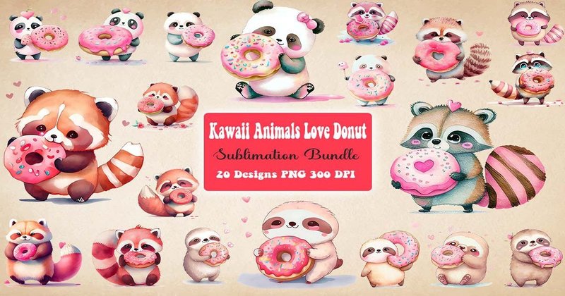 Kawaii Animals Love Donut Sublimation Bundle (by Ricco Art)