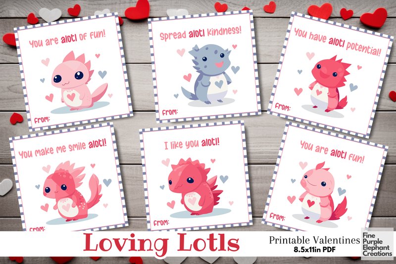 Kids Axolotl Dinosaur Valentine Cards (by finepurpleelephant)