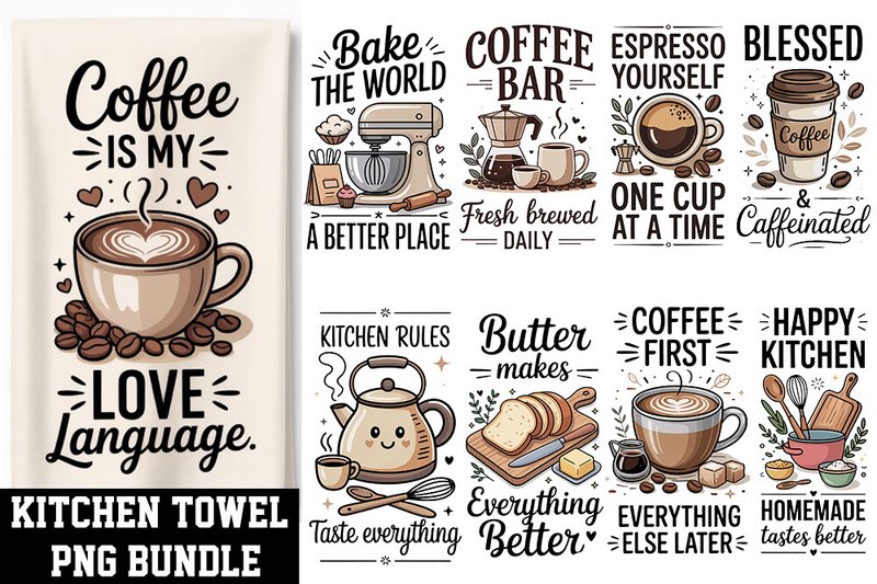 Kitchen Towel PNG Bundle | Farmhouse Cof (by SVG Zone)