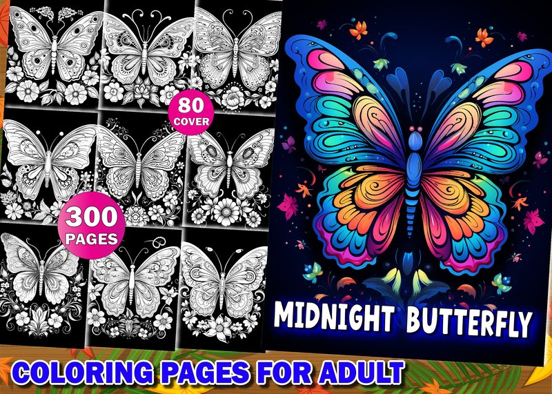 Midnight Butterfly Coloring Pages Adults (by KDP PRO DESIGN)