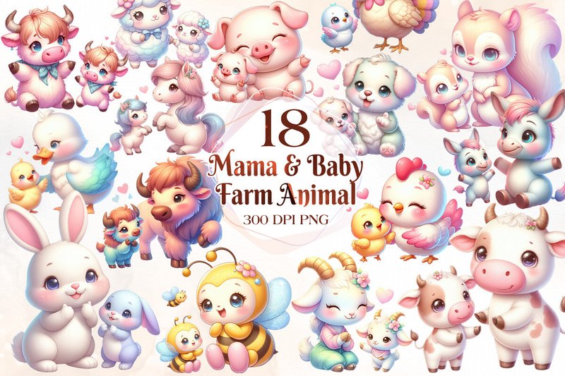 Mom and Baby Farm Animal Clipart Bundle (by Cat Lady)