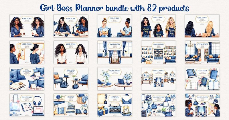 Navy Blue Girl Boss Planner Bundle (by Pixie Lines)