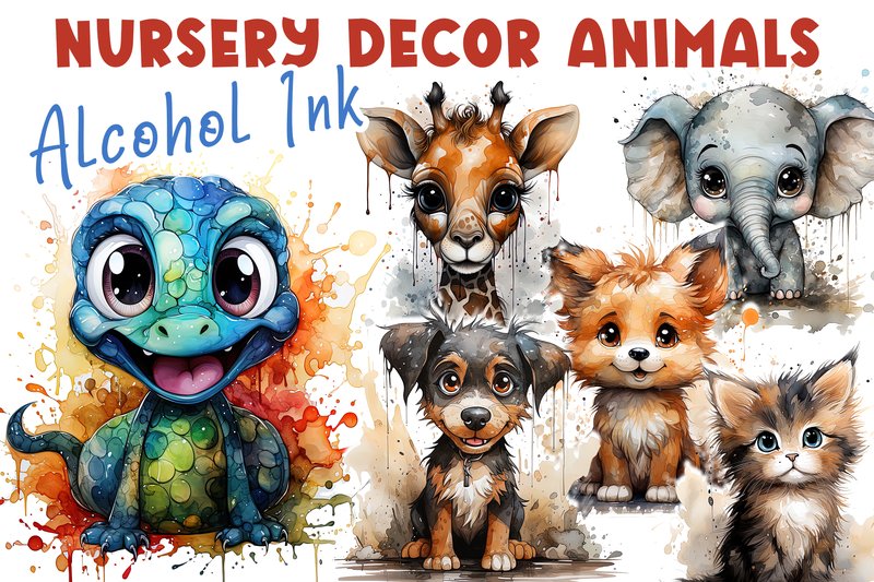 Nursery Decor Animals Alcohol Ink Style (by Mary's Designs)