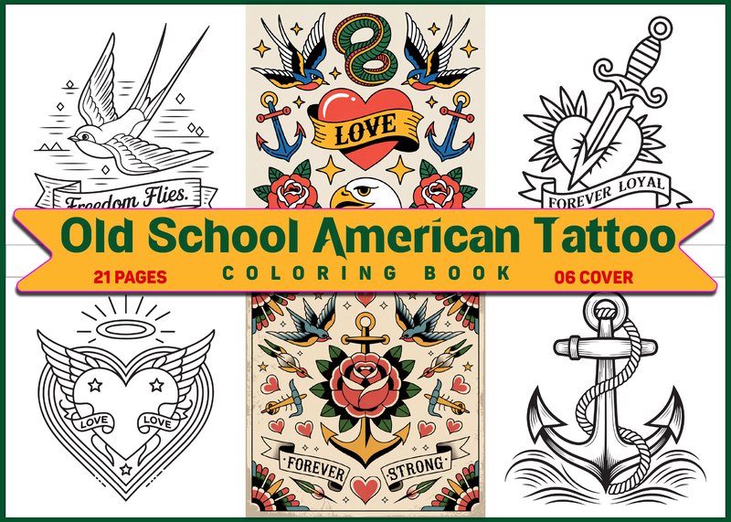 Old School American Tattoo Coloring Book (by SoftLoop Designs)
