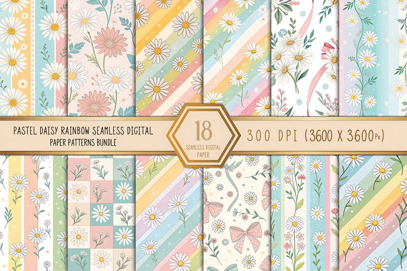 Pastel Daisy Rainbow Seamless Patterns (by Craftfiles-SVG)