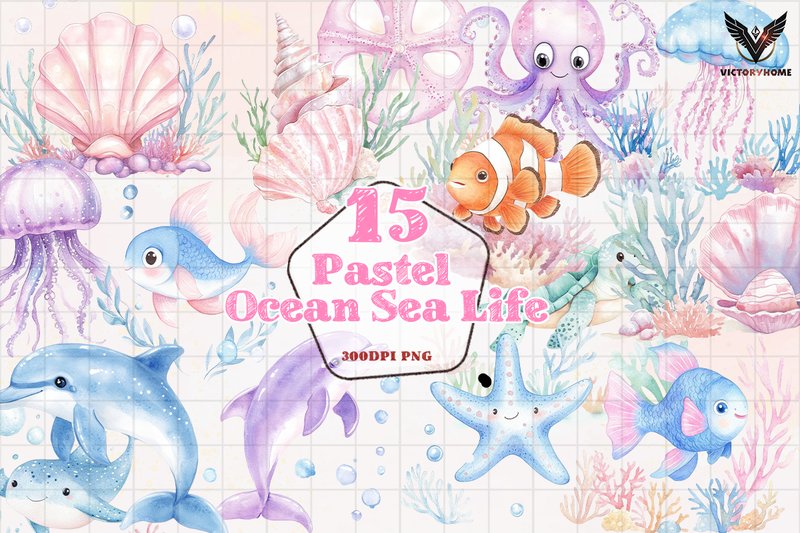 Pastel Ocean Sea Life Clipart PNG (by VictoryHome)