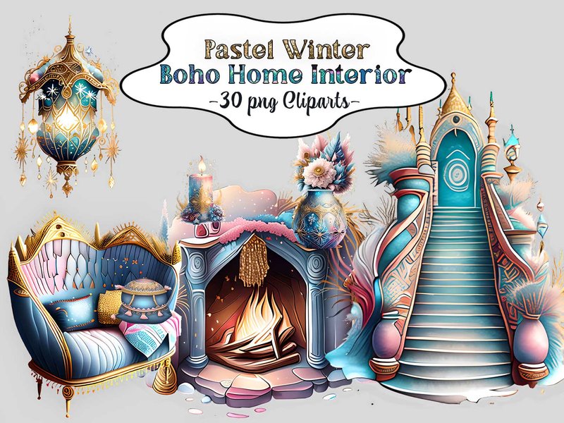 Pastel Winter Boho Home Interior Clipart (by EdeniaArtStudio)