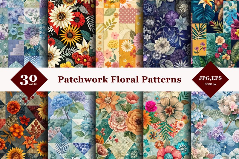 Patchwork Floral Seamless Patterns 01 (by TriDraw)