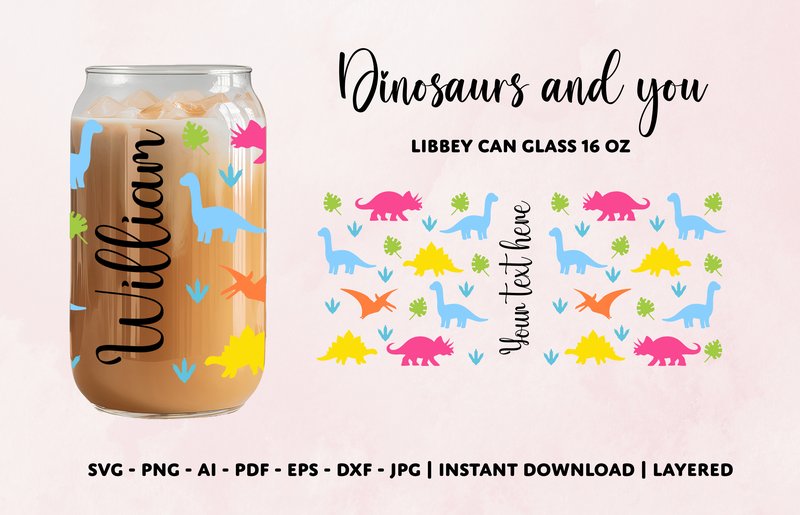 Personalized Dinosaurs 16 Oz Can Glass (by PrintQueen Studio)
