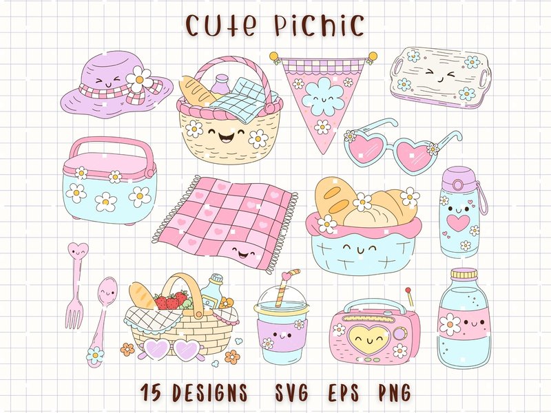 Picnic Clipart Basket Blanket Food Drink (by MeawwaDigitalArts)
