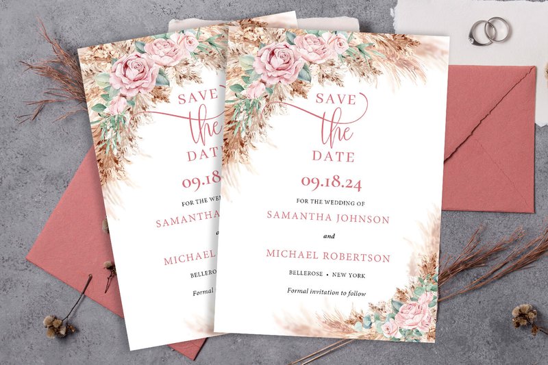 Pink Roses Pampas Grass Save the Date (by Blush Roses)