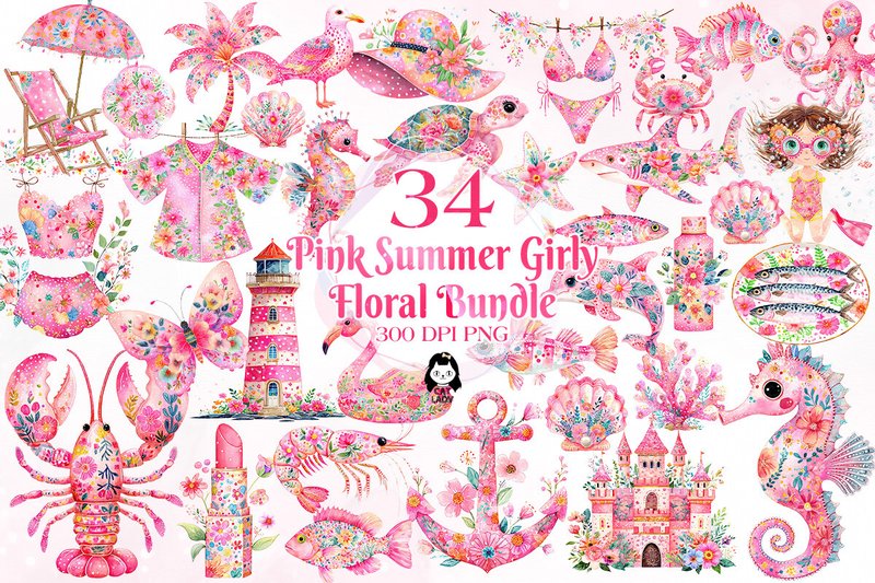 Pink Summer Girly Floral Clipart (by Cat Lady)