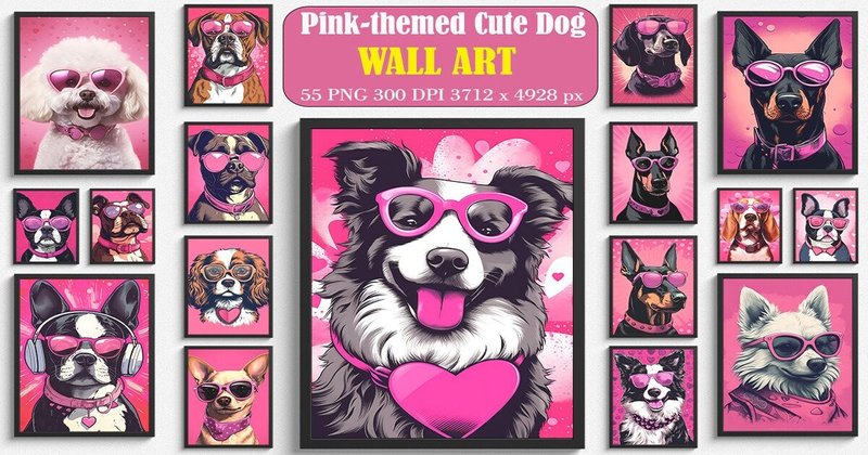 Pink-themed Cute Dog Wall Art Bundle (by Ricco Art)