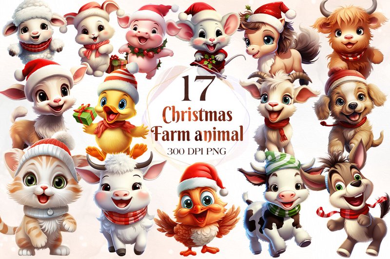 Playful Christmas Farm Animal Clipart (by Cat Lady)