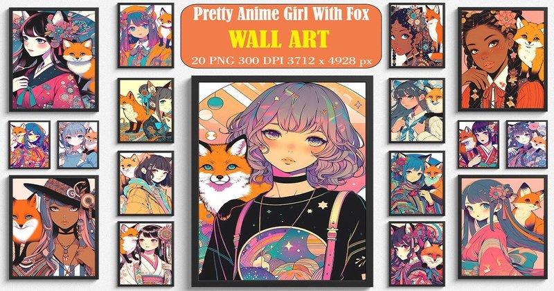 Pretty Anime Girl with Fox Wall Art Bundle (by Ricco Art)