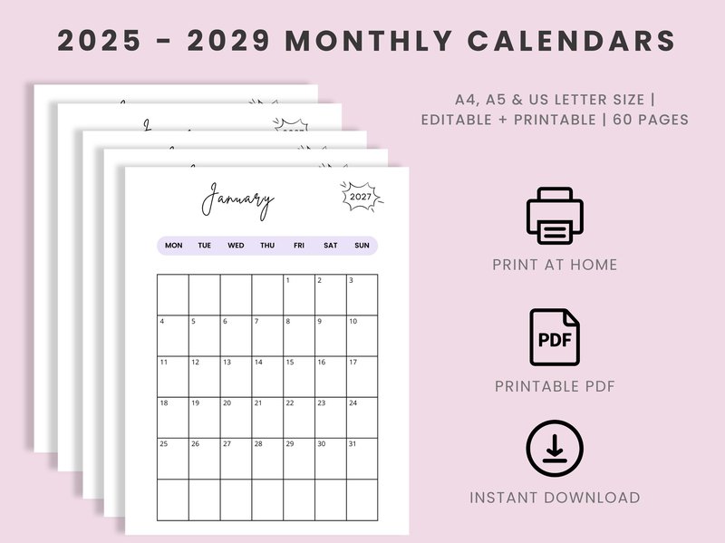 Printable 2025 - 2029 Monthly Calendars (by Squeak Shops)