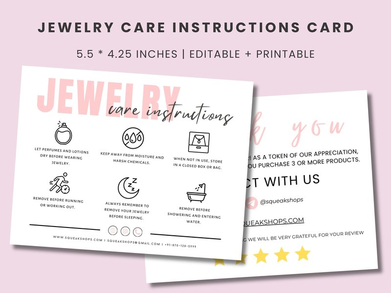 Printable Jewelry Care Card Template (by Squeak Shops)