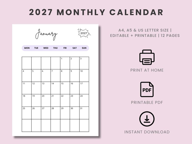 Printable Monthly Calendar 2027 Template (by Squeak Shops)