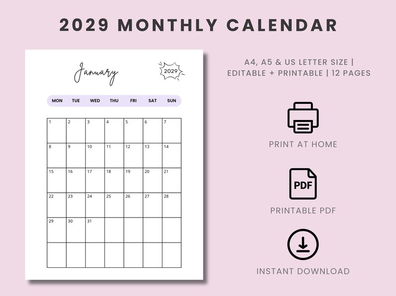 Printable Monthly Calendar 2029 Template (by Squeak Shops)